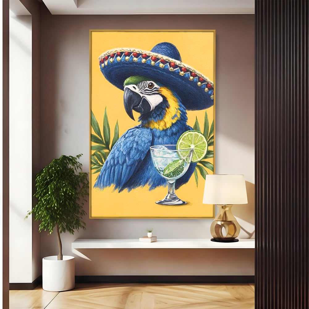 Tablou canvas cu tablou canvas cu papagal si sombrero, in rama de aluminiu auriu